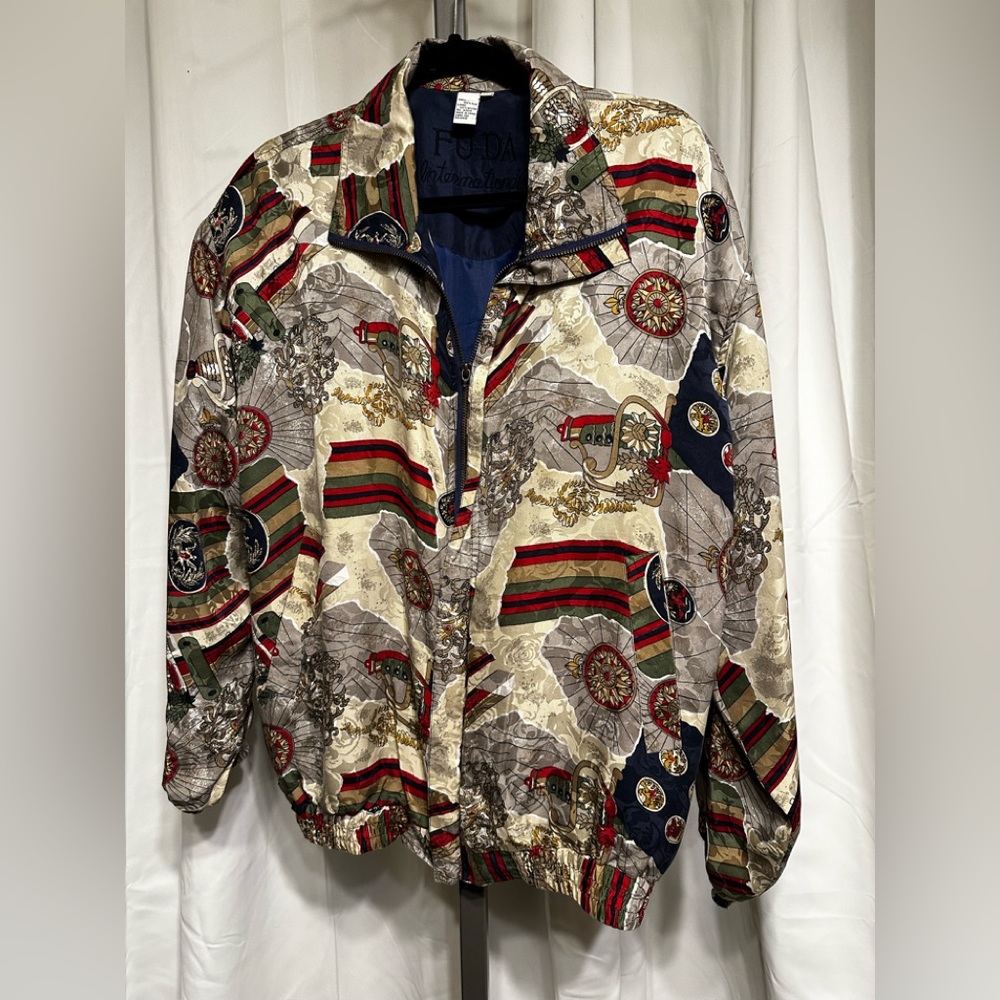 New Men’s Red Mix Silk “ Fuda International “ Bomber Jacket